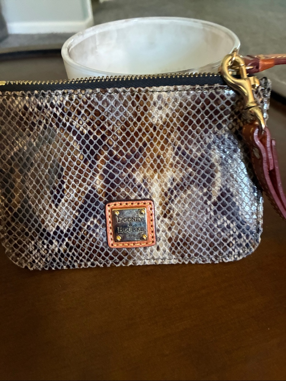 Dooney & Bourke Brown and Gray python-embossed leather wristlet. - Picture 5 of 6